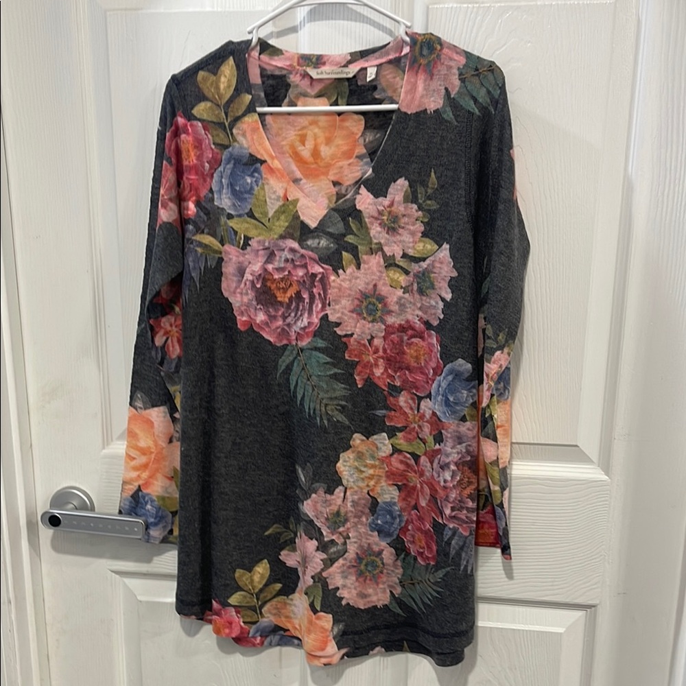 Soft Surroundings Charcoal Floral V-Neck Long Sleeve Top